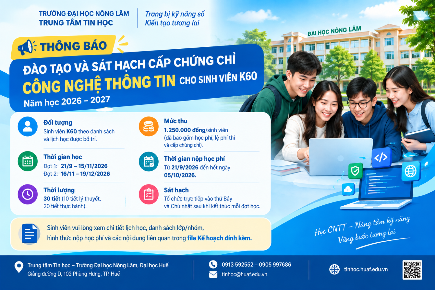 Thông báo đào tạo và sát hạch cấp chứng chỉ CNTT cho sinh viên K60 năm học 2026–2027